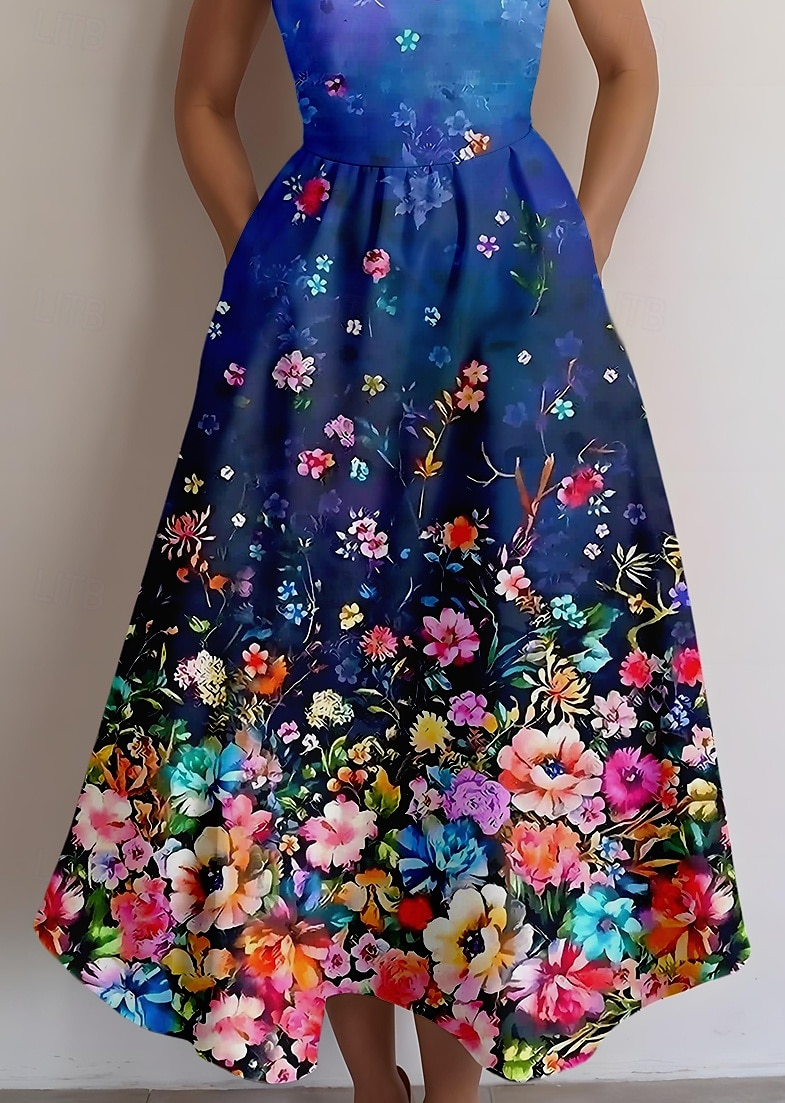 Damen Midikleid Sommerkleid A Linie Kleid Rückenfreies Kleid Urlaub Lässig Ausgehen Normale Passform Ombre Blumen Grafik Ärmellos U-Ausschnitt Blau Sommer 2025 - $35.99 –P3