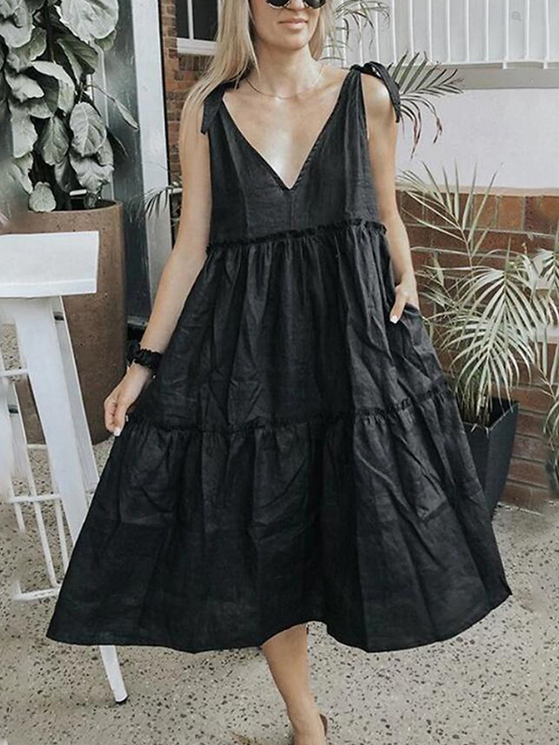 Damen Midikleid Weißes Kleid Casual kleid Sommerkleid Elegant Modern Täglich Sommerkleid Lockere Passform Glatt Einfarbig Ärmellos Tiefes V Schnürkragen Schwarz Weiß Rote Sommer 2025 - $17.99 –P2