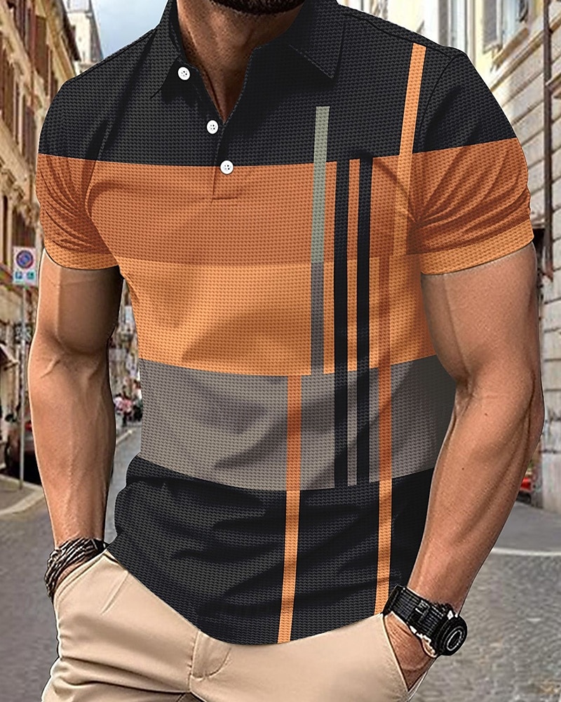 Herr Golftröja Golf pikétröjor Arbete Ledigt Kavajslag Kortärmad Grundläggande Modern Rand Lappverk Knappar Sommar Normal Rosa + Orange Mörkrosa Blå Purpur Orange Grön Golftröja 2025 - GBP £18 –P10