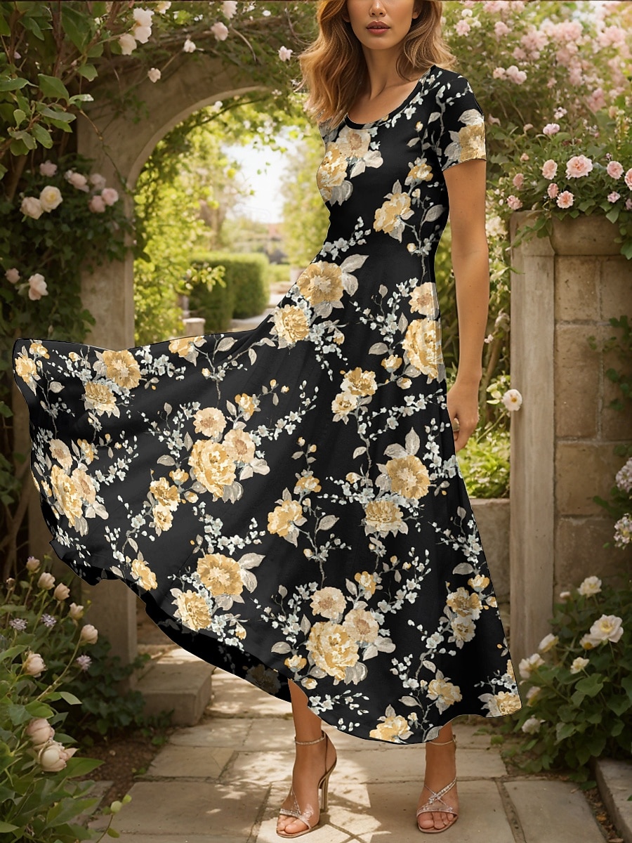 Femmes Robe maxi Robe Décontractée Robe trapèze Robe d'été Vacances ancien Ethnique Coupe régulière Fleuri Graphique Manche Courte Col carré Jaune Été Printemps de 2025 ? $30.99 –P4