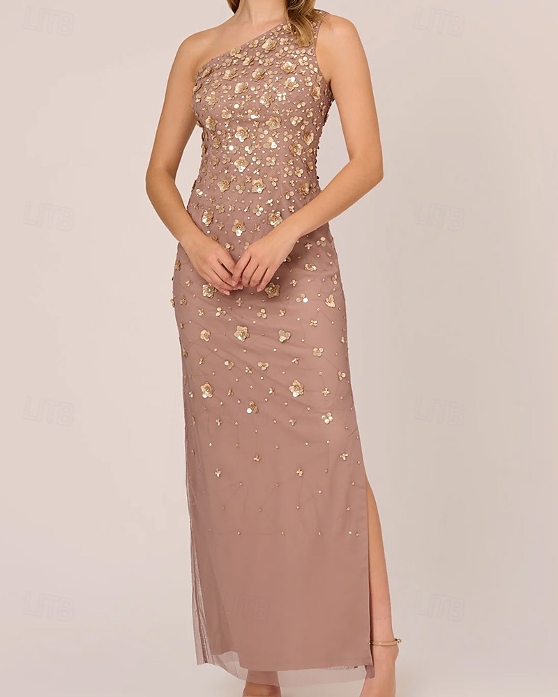 Sheath / Column Beaded Gown Celebrity Style Dress Formal Wedding Guest Floor Length Sleeveless One Shoulder Chiffon with Flowers Beading Sequin Slit 2025 - $164.99 –P6