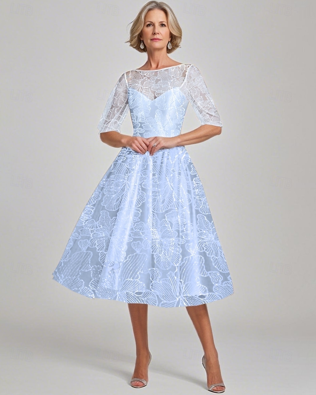Robe A-Line En Sequins Brodée Bleue Robe de Mère de la Mariée Élégante Vintage Illusion Col Longueur Cheville Dentelle Manches Mi-longues de 2025 ? $173.99 –P1