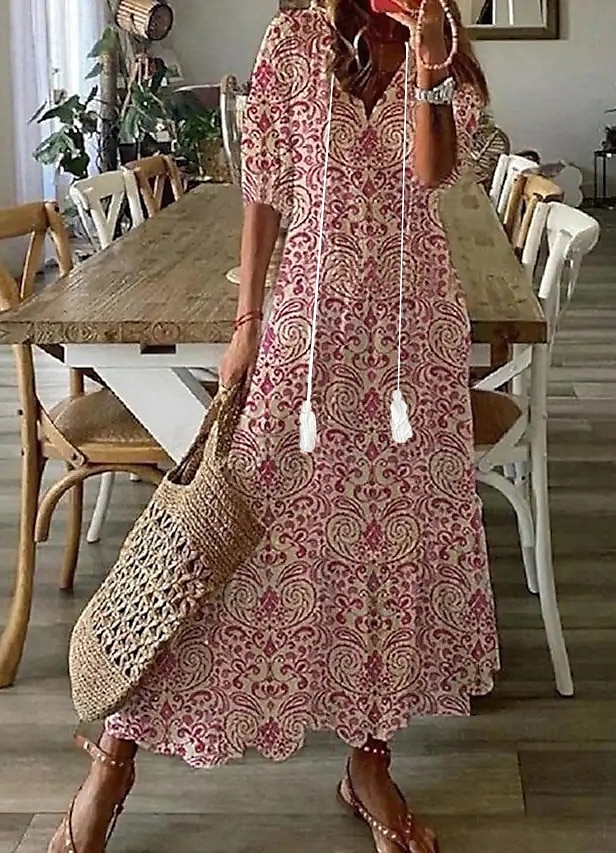 Dámské Dlouhé šaty Maxi šaty Boho šaty Šaty s potiskem Šaty Peplum Romantické Klasické Elegantní šaty Nahoře nabírané Dovolená Jdeme ven Jarní šaty Volný Grafika Květiny Poloviční rukáv Do V Bíl 2025 - $24.99 –P3