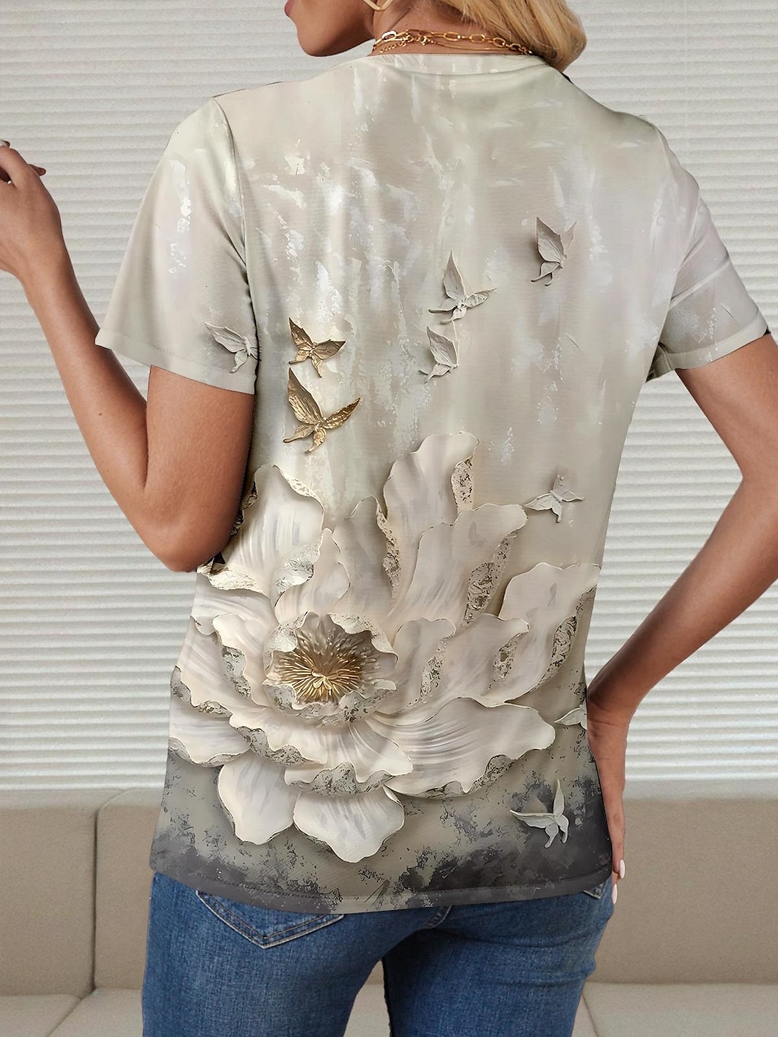 Dame T skjorte Blomstret Fargeblokk 3D Stilfull Fritid Kortermet Rund hals Vanlige topper Daglig Helg Trykt mønster matt-hvit Sommer Vår 2025 - $19.99 –P2