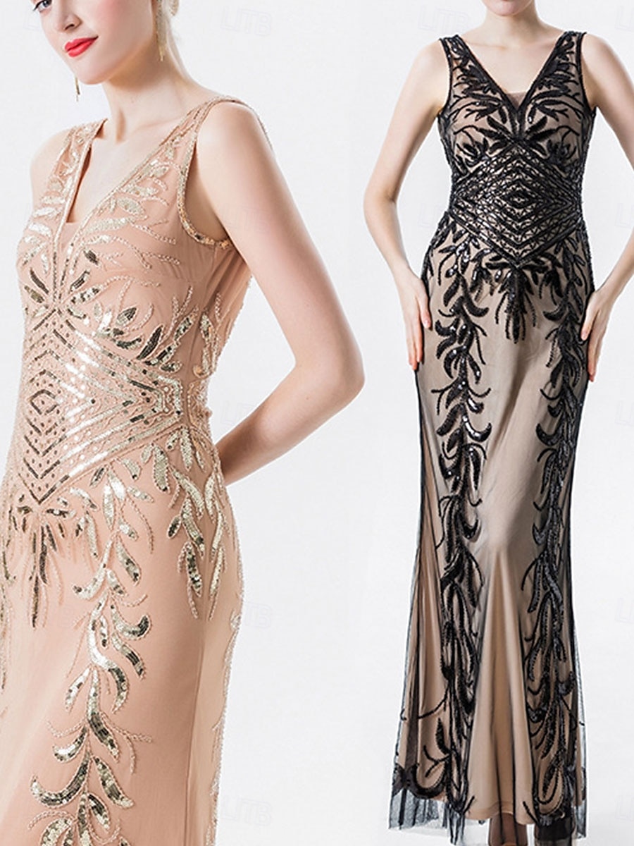 Kleid Brautmutterkleid Elegant Party V Ausschnitt Bodenlang Polyester Ärmellos mit Paillette 2025 2025 - $79.99 –P4