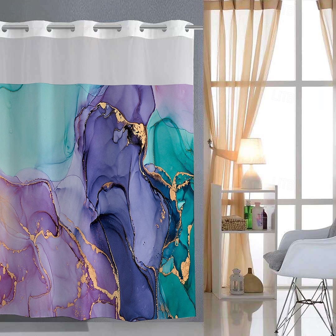 No Hook Shower Curtain 180cm*180cm(70"*70") Leaves Pattern Snap-In Fabric Liner Sheer Top Window Waterproof Double-Layer Bathtub Curtain 2025 - $60.99 –P2