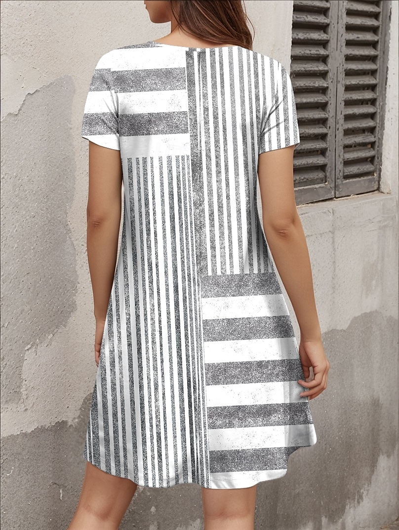 Damen Mini-Kleid Shift Kleid Freizeit Täglich Reguläre Passform Grafik Streifen Kurzarm Eingekerbter Ausschnitt Rosa Blau Grau Sommer Frühling 2025 - $31.99 –P4