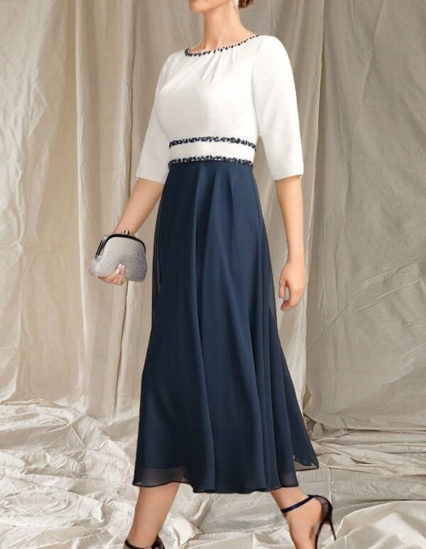 A-Linie Brautmutterkleid Hochzeitsgast Elegantes Rundhals Tee-Länge Chiffon Satin Halbarm mit Perlen Raffung Midi Kleid 2025 2025 - $145.99 –P5