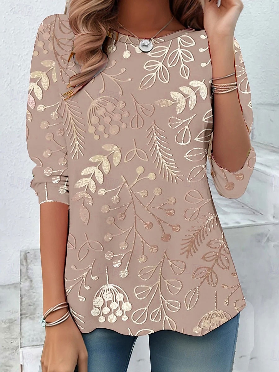 Mujer Camiseta Floral Graphic Casual Manga Larga Cuello Barco Tops regulares Diario Estampado Rosa Morado Verde Trébol Caqui Verano Primavera Otoño 2025 - $23.99 –P6