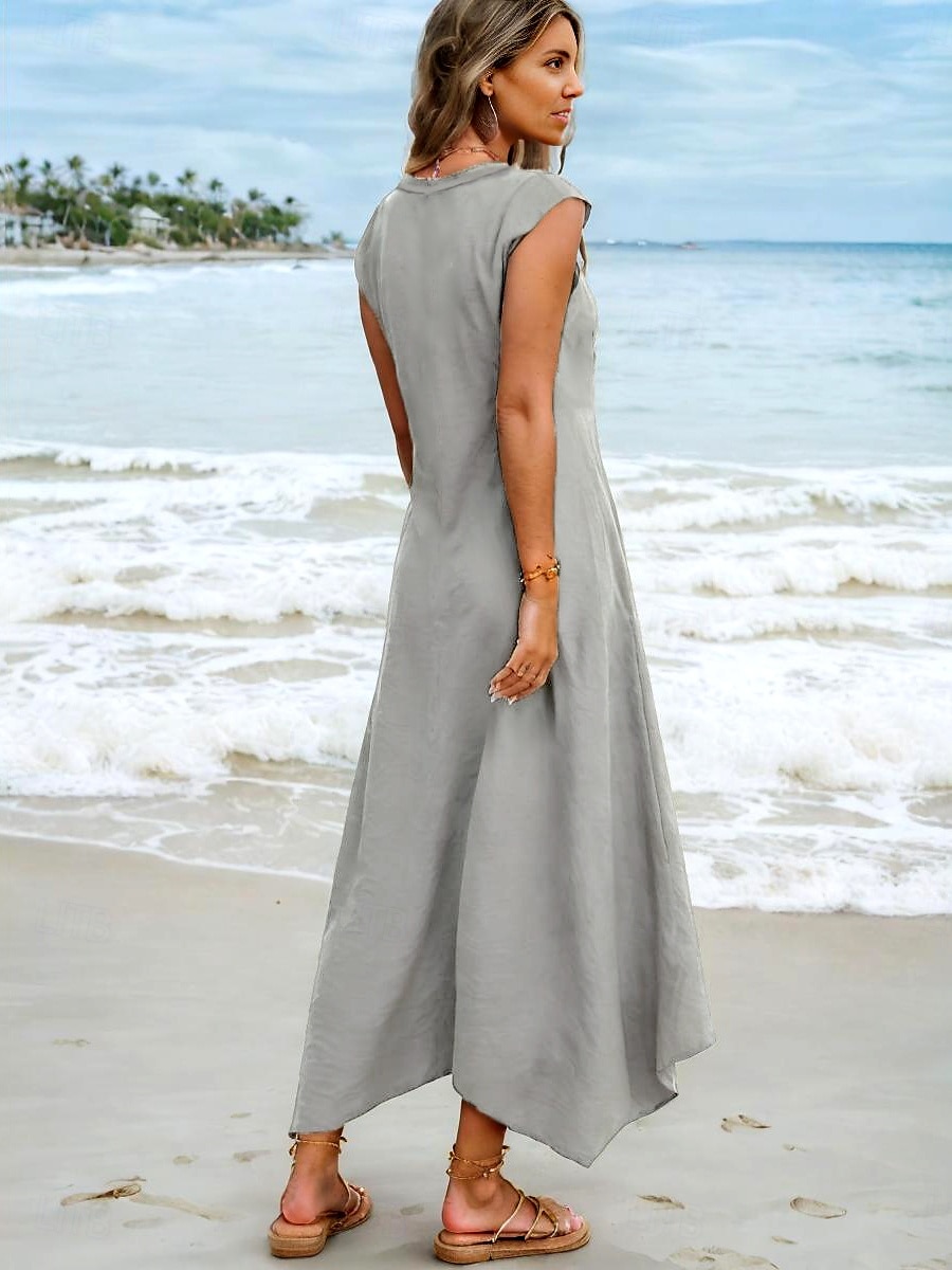 kvinners maxi-kjole t-skjortekjole tee-kjole sundress shift-kjole sommerkjole lin som bohemia ferie etnisk ferie strand normal passform ensfarget ensfarget kortermet hakk hals blå grå sommer 2025 - $36.99 –P6