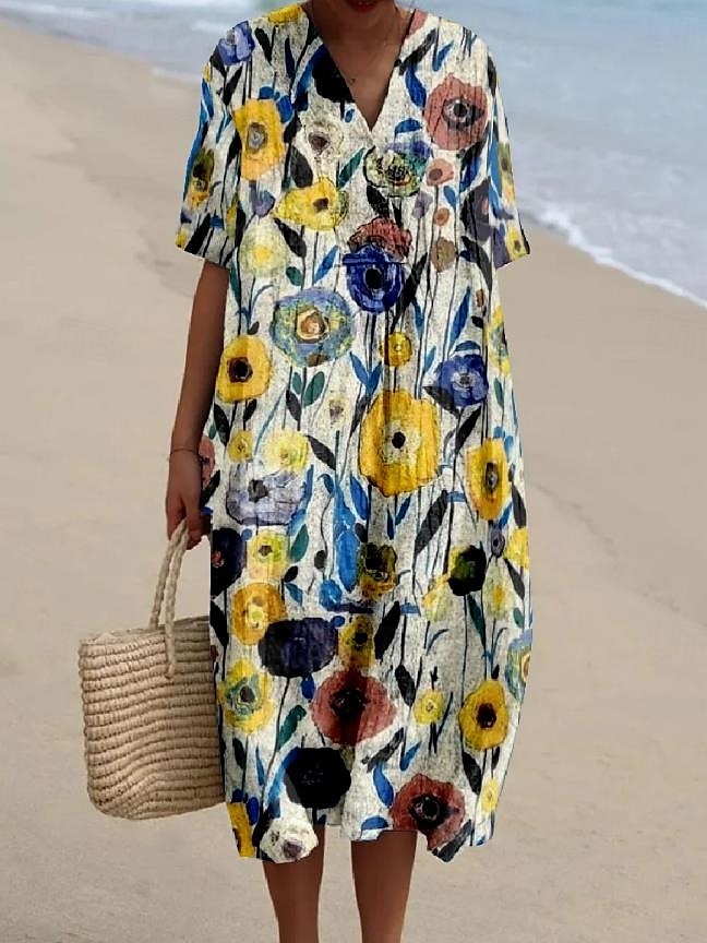 Robe Femme Midi Robe d'été A Line Lin Vacances Décontractée Plage Sortie Ajustement Large Graphique Fleurs Manches Courtes Col en V Jaune Bleu Été Plage de 2025 ? $36.99 –P3