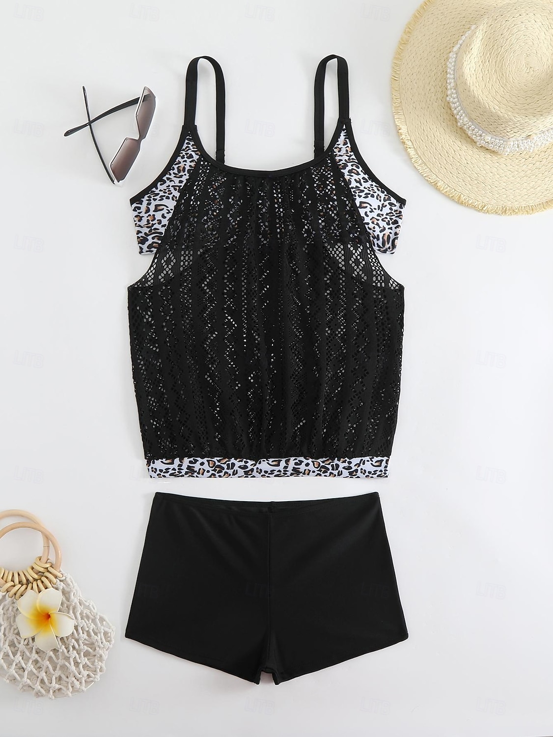 Dam Plusstorlekar Badkläder Tankini 2 st Längre baddräkt Hög midja Baddräkt Genomskinlig Hög midja Stickat Stylish Standkläder Leopard Tropisk Rund hals Ärmlös Baddräkter 2025 - $25.99 –P3