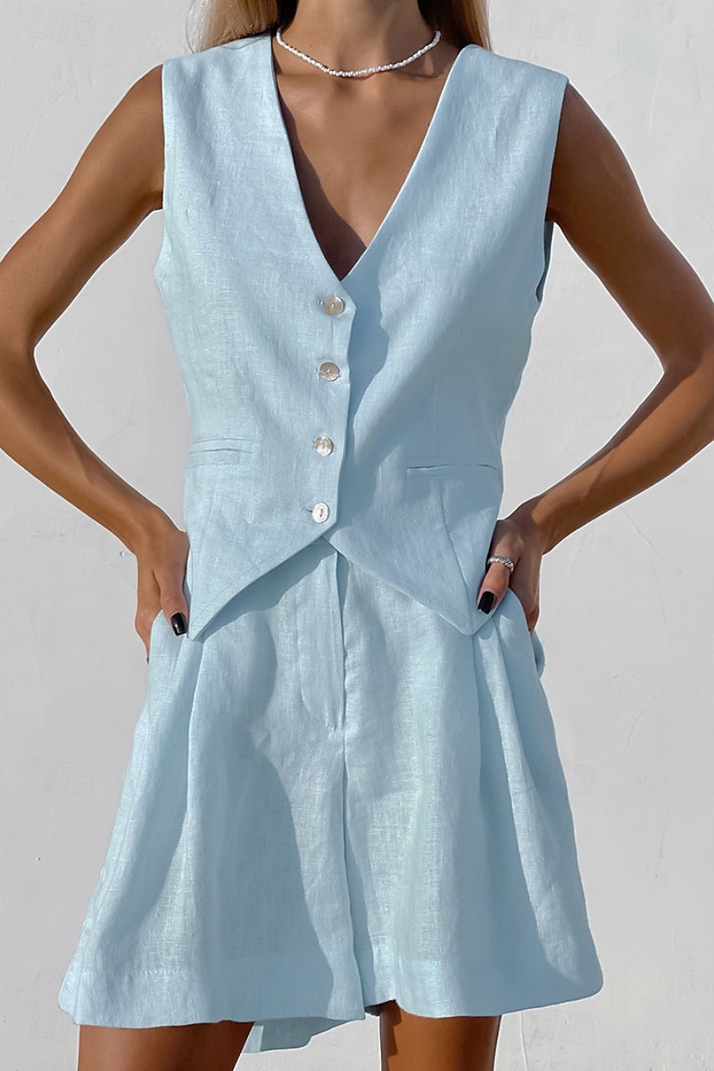 Femmes Mode Streetwear Ensembles inspirés du lin Ensembles deux pièces Chemisier Sans manches Col en V Couleur Unie Dubbele Rij Knopen Sortir Décontracté Quotidien Blanche Bleu Orange Été Coupe de 2025 ? $31.99 –P10