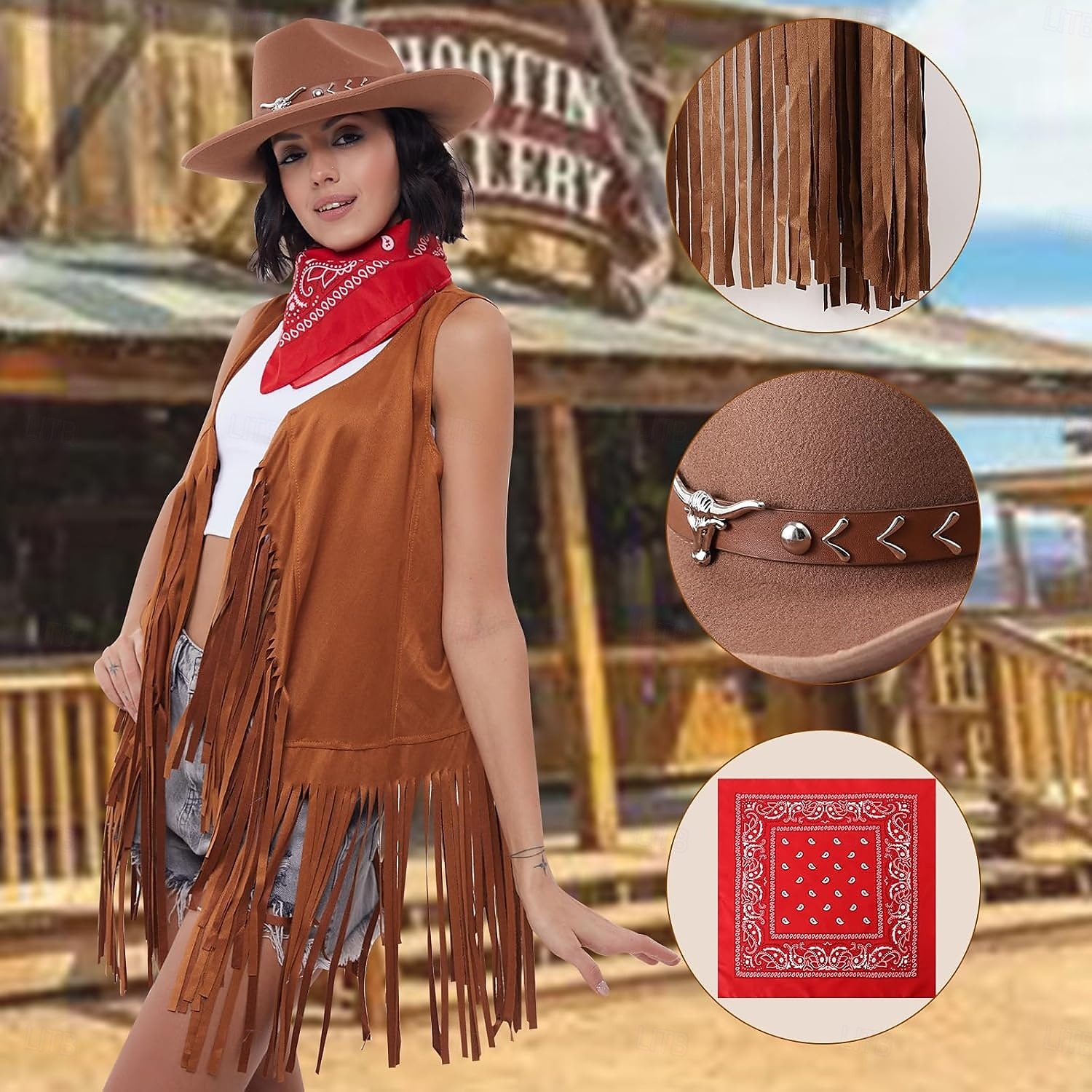 Western Outfits for Women Cowgirl Tassel Sleeveless Vest Cowboy Hat and Paisley Bandana 2025 - $30.99 –P7