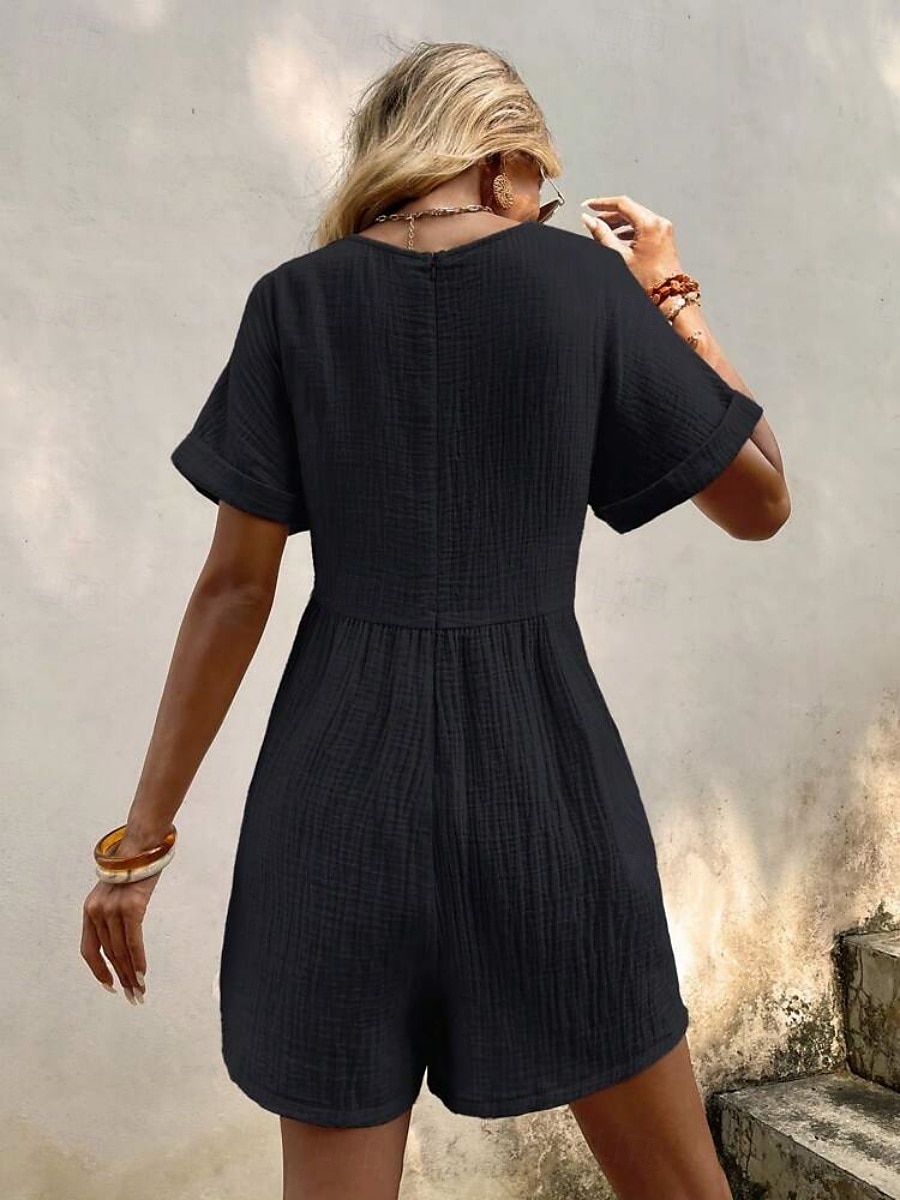 Rompers pour femmes couleur unie manches courtes col en V poches vacances quotidien coupe régulière noir vert abricot été de 2025 ? $34.99 –P10