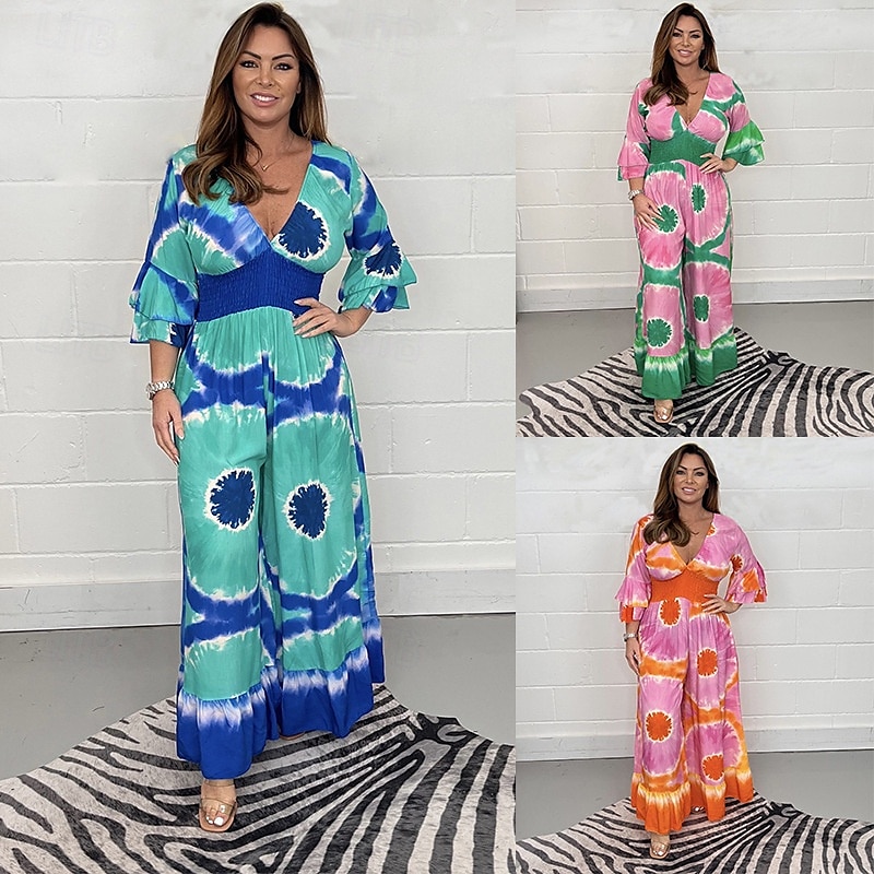 Dam Plusstorlekar Jumpsuits Romantisk Grafisk 3/4 ärm Klocka Brett skaft V-hals Mönster Dagligen Helgen Lös passning Rodnande Rosa Blå Orange Sommar 2025 - $25.99 –P1