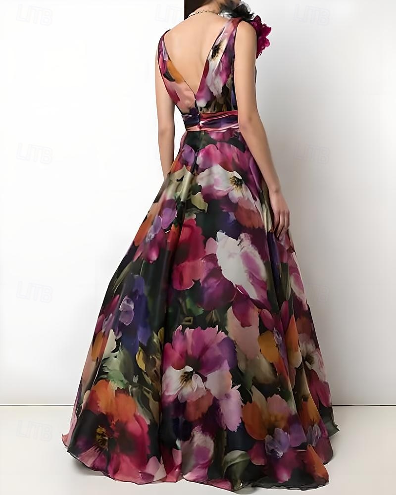 Robe de soirée A-Line élégante robe formelle invitée de mariage longueur sol sans manches décolleté en V en organza avec imprimé floral fleur d'épaule robe invitée de mariage de 2025 ? $218.99 –P4