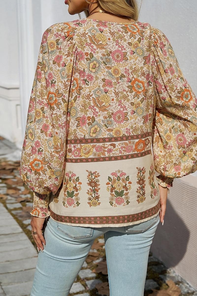 Dame Skjorte Bluse Blomsternål i krystall Daglig Stilfull Fritid Langermet V-hals Vanlige topper Daglig Ferie Trykt mønster Rosa Navyblå Blå Aprikos Vår 2025 - $29.99 –P20