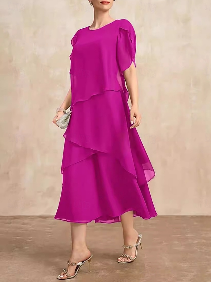Damen Abschlusskleid Midi Kleid Einfarbig Wein Rose Rot Sommer Frühling A-Linien Kleid Rüschkleid Arbeitskleider Semi Formal Formal Arbeit Reguläre Passform Schlicht Rundhalsausschnitt 2025 - $46.99 –P1