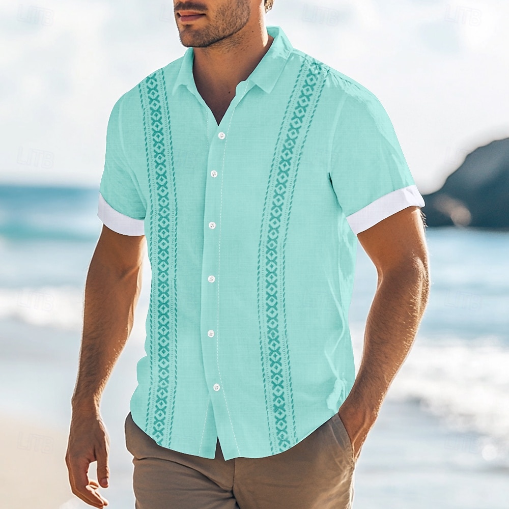 Pánské Geometrický Košile Košile Guayabera Košile na knoflíky Krátký rukáv Móda pro volný čas Dovolená Na den Oblečení na pláž Léto Jaro Přehnutý košile s límečkem Bílá Vodní modrá Trávová zelen 2025 - $23.99 –P3