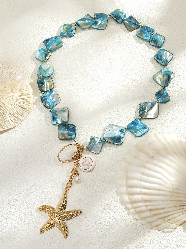 Collar de estrella de mar estilo bohemio con diseño playero: colgante de concha y piedra azul hecho a mano para mujer, collar llamativo inspirado en el océano para verano, vacaciones y uso en resorts 2025 - $9.99 –P6