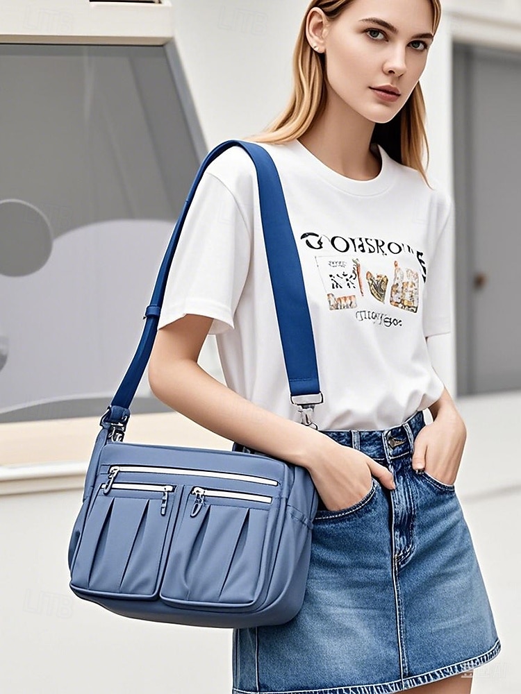 axelväska med flera fickor för kvinnor – lätt vattentät crossbody-väska i nylon med dragkedja för resor, arbete och daglig användning rosa lila svart 2025 - $14.99 –P3