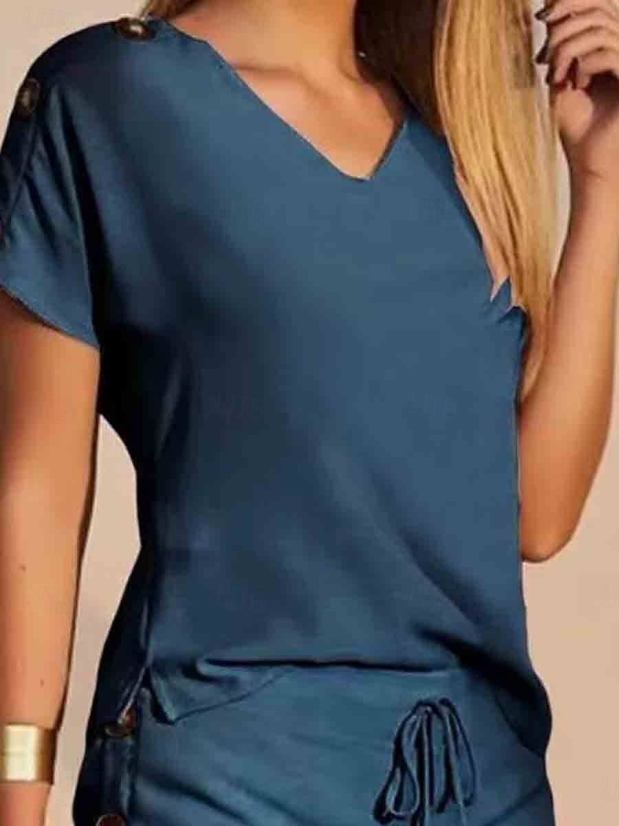 Zwei Teile Damen Mode Straßenbekleidung tägliche Shorts Sets Kurzarm V-Ausschnitt Geometrisch Einfarbig Drawstring Druck Freizeit Täglich Gelb Blau Orange Sommer Reguläre Passform 2026 - $41.99 –P3