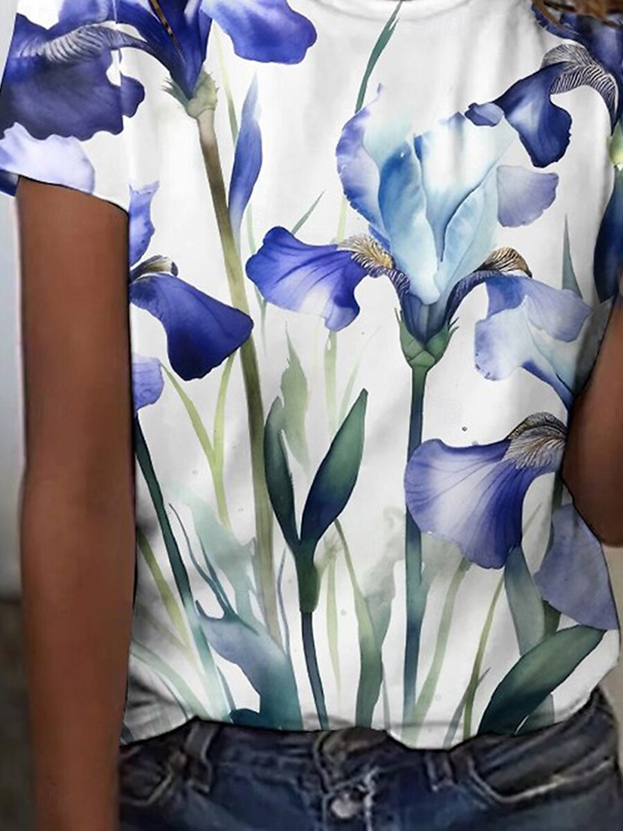 Women's T Shirt Floral Casual Short Sleeve Round Neck Regular Tops Daily Going out Weekend Print Light Blue Summer 2025 - $19.99 –P3