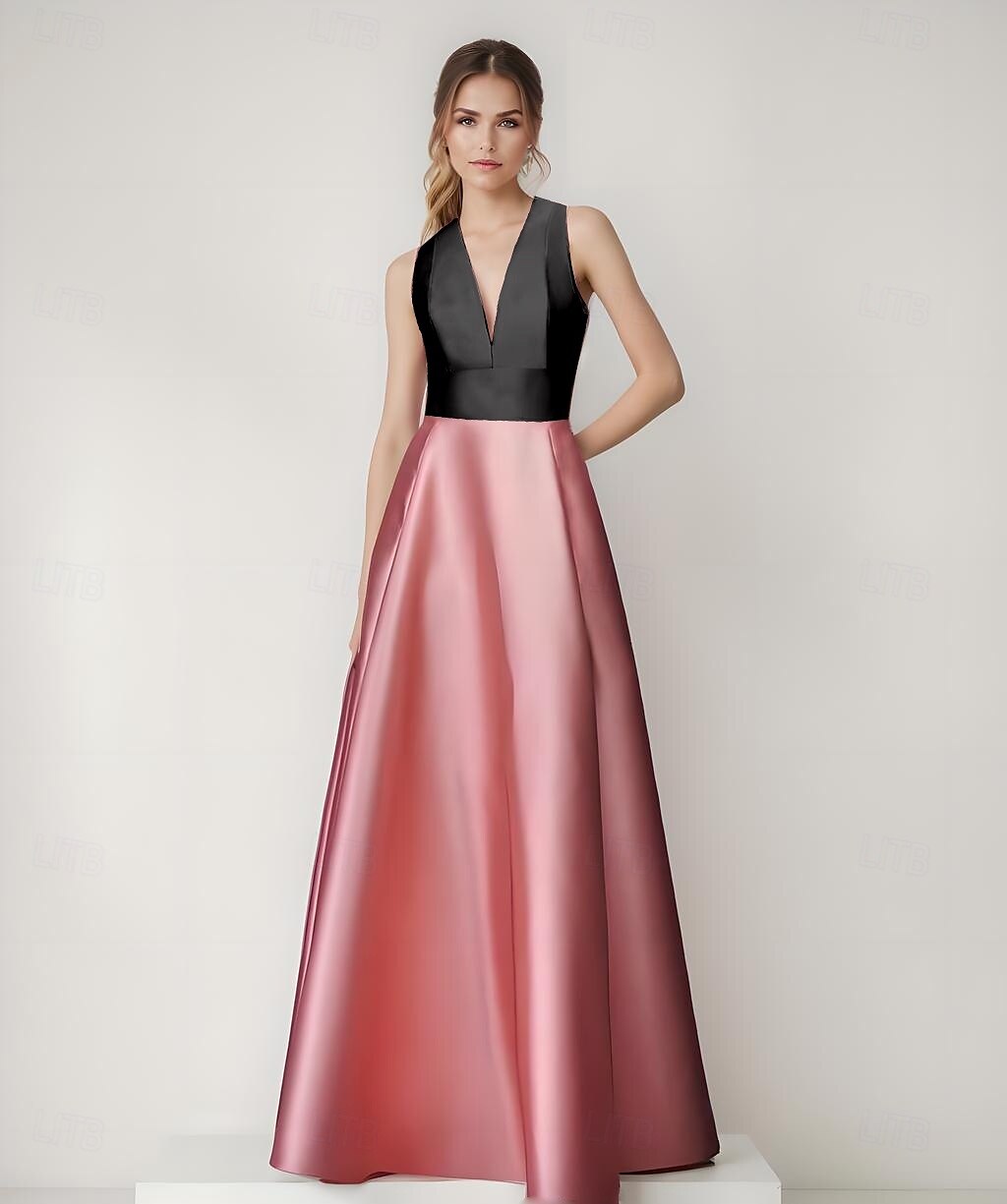 Vestido de noite em linha A, elegante, com blocos de cores, costas vazadas, formal, casamento, comprimento até o chão, sem mangas, decote em V, cetim com bolso lateral 2025 de 2025 por $148.99 –P1