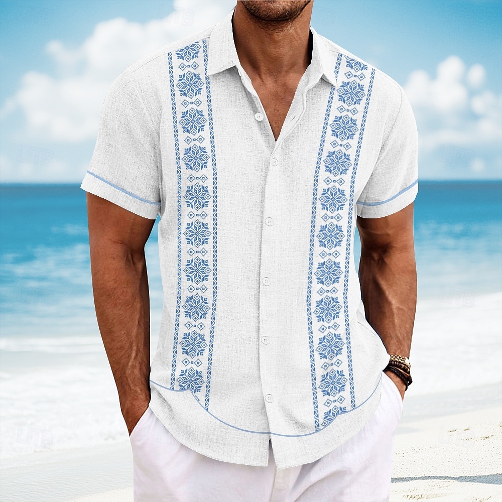Men's Geometric Floral Print Flowers Shirt Guayabera Shirt Button Up Shirt Short Sleeve Fashion Casual Vacation Dailywear Beach Wear Summer Spring Turndown Collared Shirts White Blue 2026 - $25.99 –P1