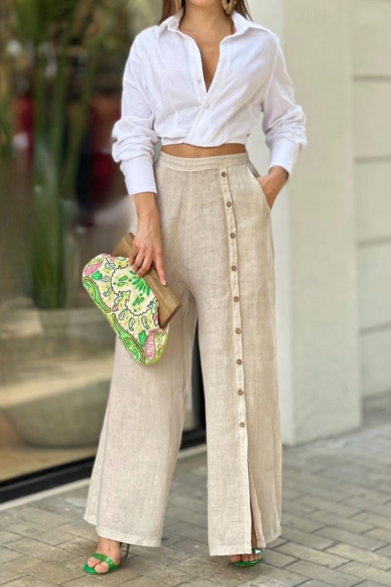 Femmes Pantalon en coton et lin Slacks Mode Streetwear Longueur complète Naturel Uni Avec Poches Extérieur Confortable Tenue quotidienne Sortir Blanche Bleu Vert Été Coupe régulière de 2025 ? $36.99 –P1