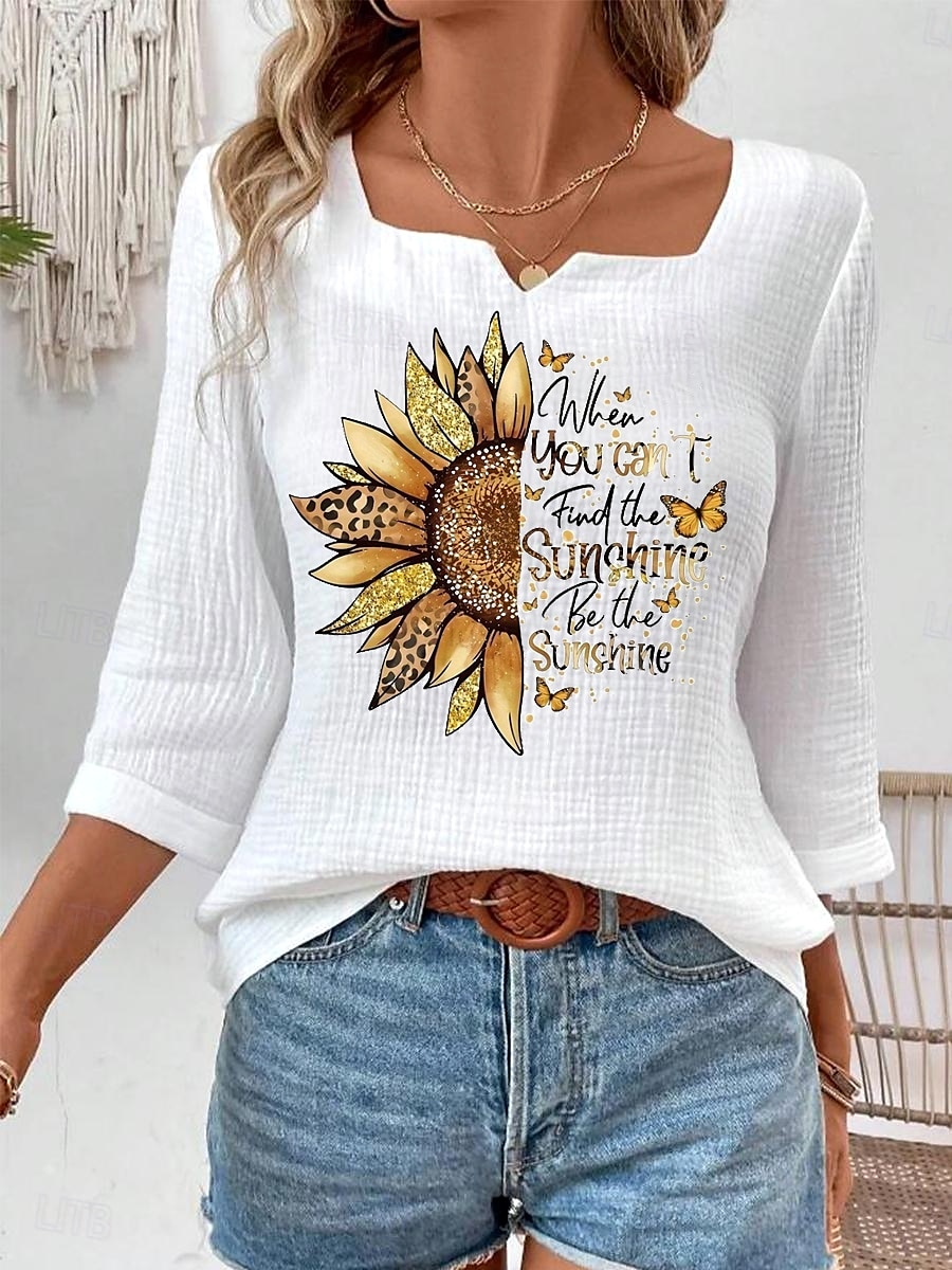Blouse pour femmes Florale Léopard Élégante Lin comme Manches 3/4 Col en V Tops réguliers Quotidien Sortie Imprimé Blanc Été de 2025 ? $23.99 –P1