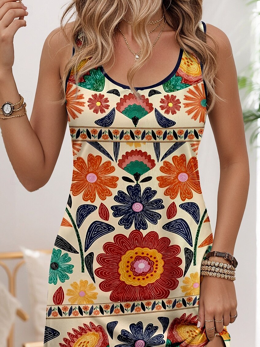 Women's Mini Dress A Line Dress Summer Dress Off The Shoulder Dress Vacation Casual Daily Date Weekend Loose Fit Floral Graphic Sleeveless U Neck Orange Summer Spring 2025 - $21.99 –P3