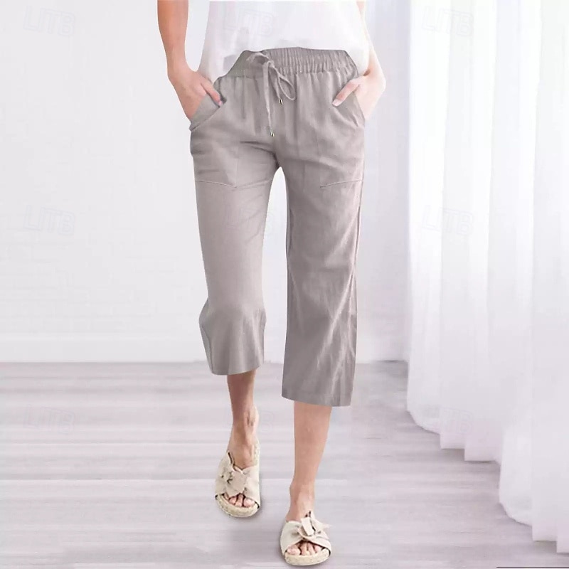 Women's Capri Pants Slacks Streetwear Casual Calf-Length Natural Plain Pocket Elastic Drawstring Design Outdoor Comfortable Street Going out Grey Navy Black White Summer Regular Fit 2025 - $18.99 –P5