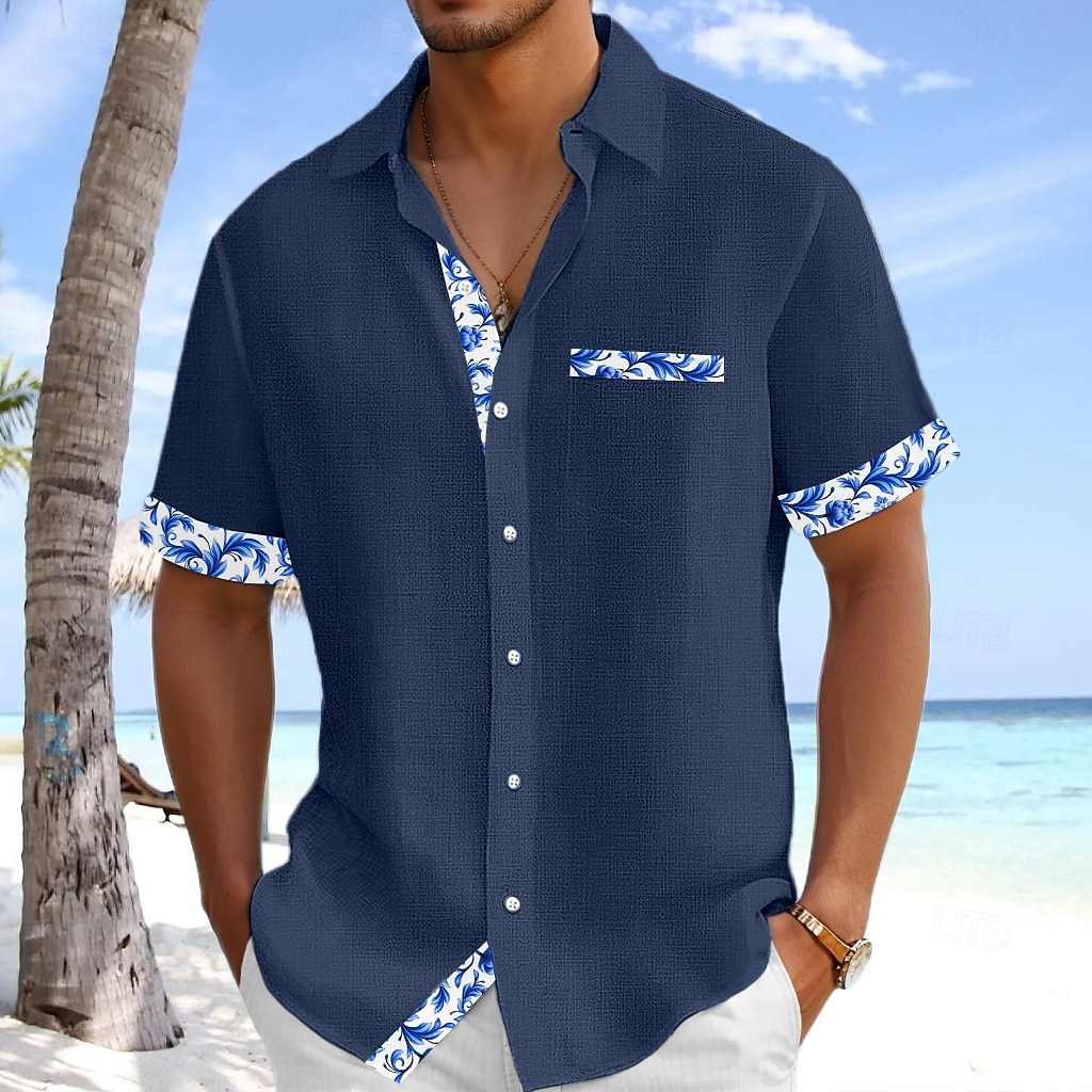 Men's Shirt Linen Shirt Summer Shirt Beach Shirt Plaid Vacation Holiday White Pink Navy Blue Light Blue Short Sleeve Collar Summer Clothing Apparel 2025 - $27.99 –P1