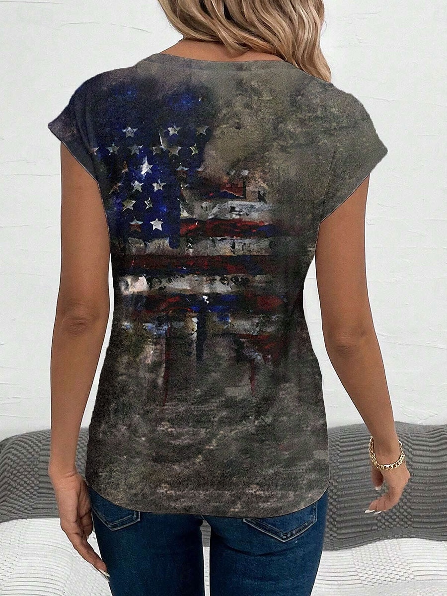 Kvinnors patriotiska linne topp grafisk flagga stilig avslappnad ärmlös V-hals vanlig topp dagligt tryck grå sommar 2025 - $17.99 –P2