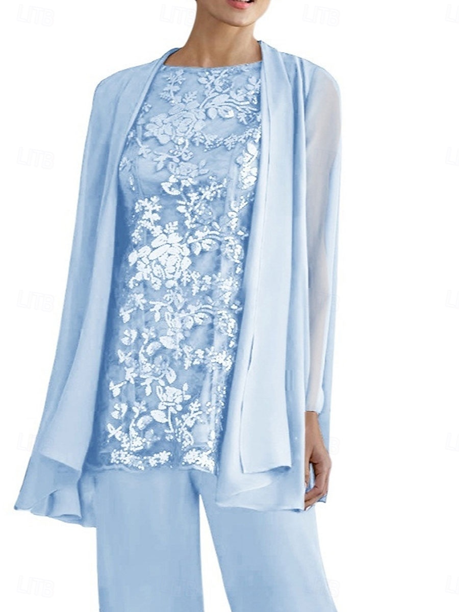 Dreiteilig Hosenanzug Brautmutterkleid Elegant Rundhalsausschnitt Bodenlang Polyester Langarm mit Perlenstickerei 2025 2025 - $99.99 –P3