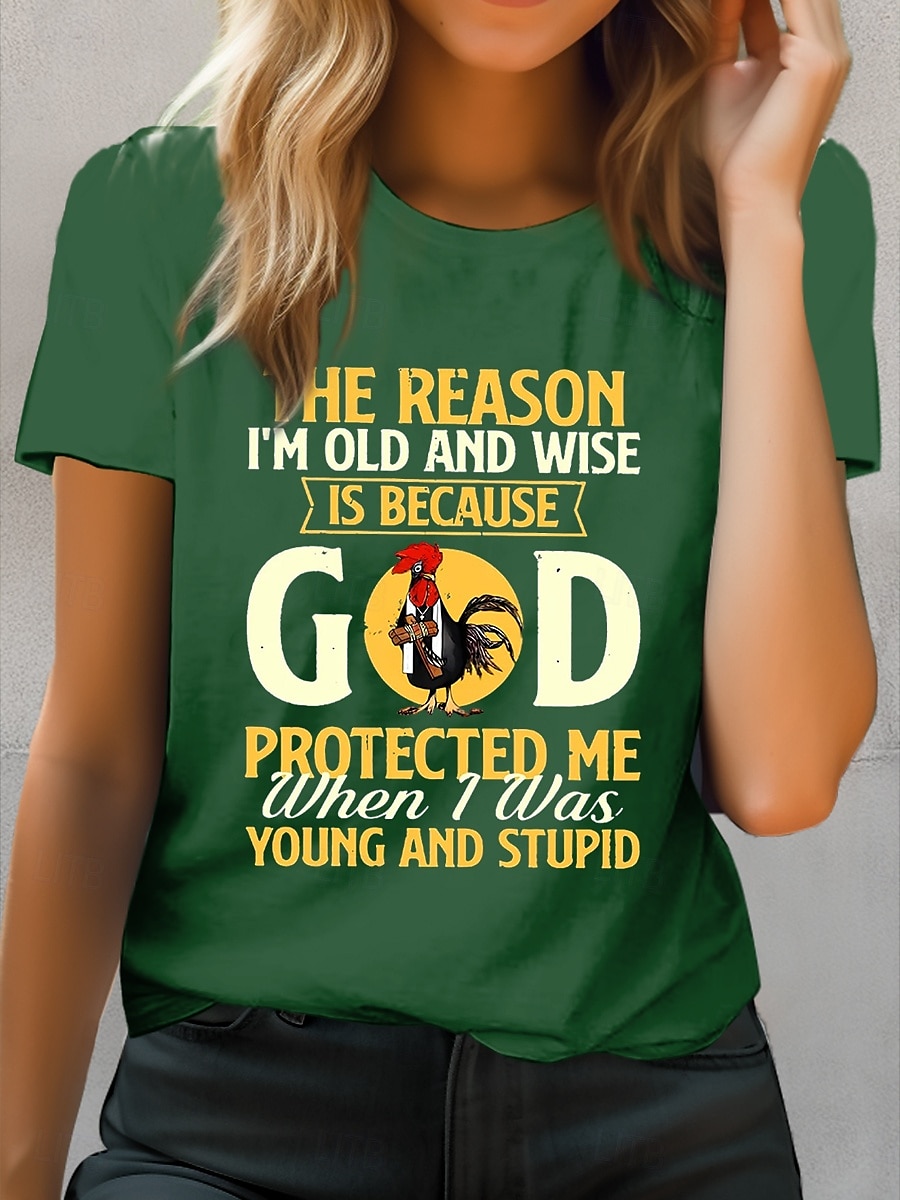 Femme T shirt Chemise en coton Coq Lettre Décontractées Manche Courte Col Rond Hauts réguliers du quotidien Imprimer Noir Bleu Vert Eté de 2025 ? $19.99 –P4