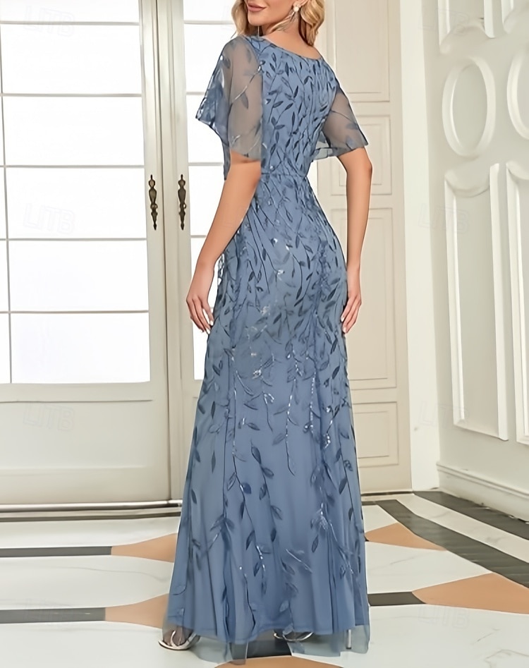 Meerjungfrauenschnitt Brautmutterkleid Hochzeitsgast Elegant V Ausschnitt Bodenlang Spitze Kurzarm mit Spitze 2025 2025 - $167.99 –P2