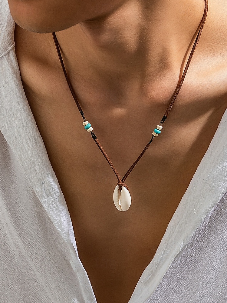 Collar bohemio de concha de cauri para hombre: colgante de cordón de cuero hecho a mano con cuentas, estilo surfista de playa, gargantilla tribal ajustable para verano, viajes y ropa informal 2025 - $7.99 –P1