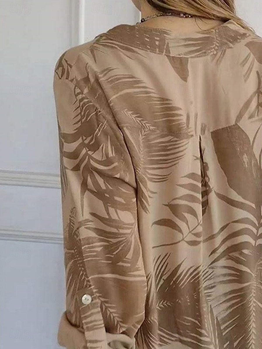 Dame Skjorte Bluse Blad Stilfull Moderne Langermet V-hals Vanlige topper Daglig Ferie Knapper Trykt mønster Hvit Brun Kakifarget Grå Sommer Vår 2025 - $19.49 –P6