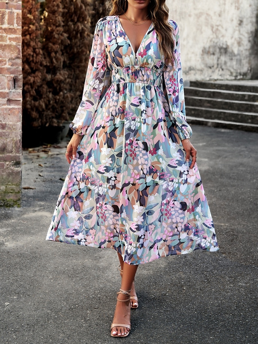 Women's Midi Dress A Line Dress Fit And Flare Dress Puff Sleeve Dress Vacation Casual Vacation Daily Regular Fit Graphic Long Sleeve V Neck Red Blue Green Apricot Summer 2025 - $46.99 –P16