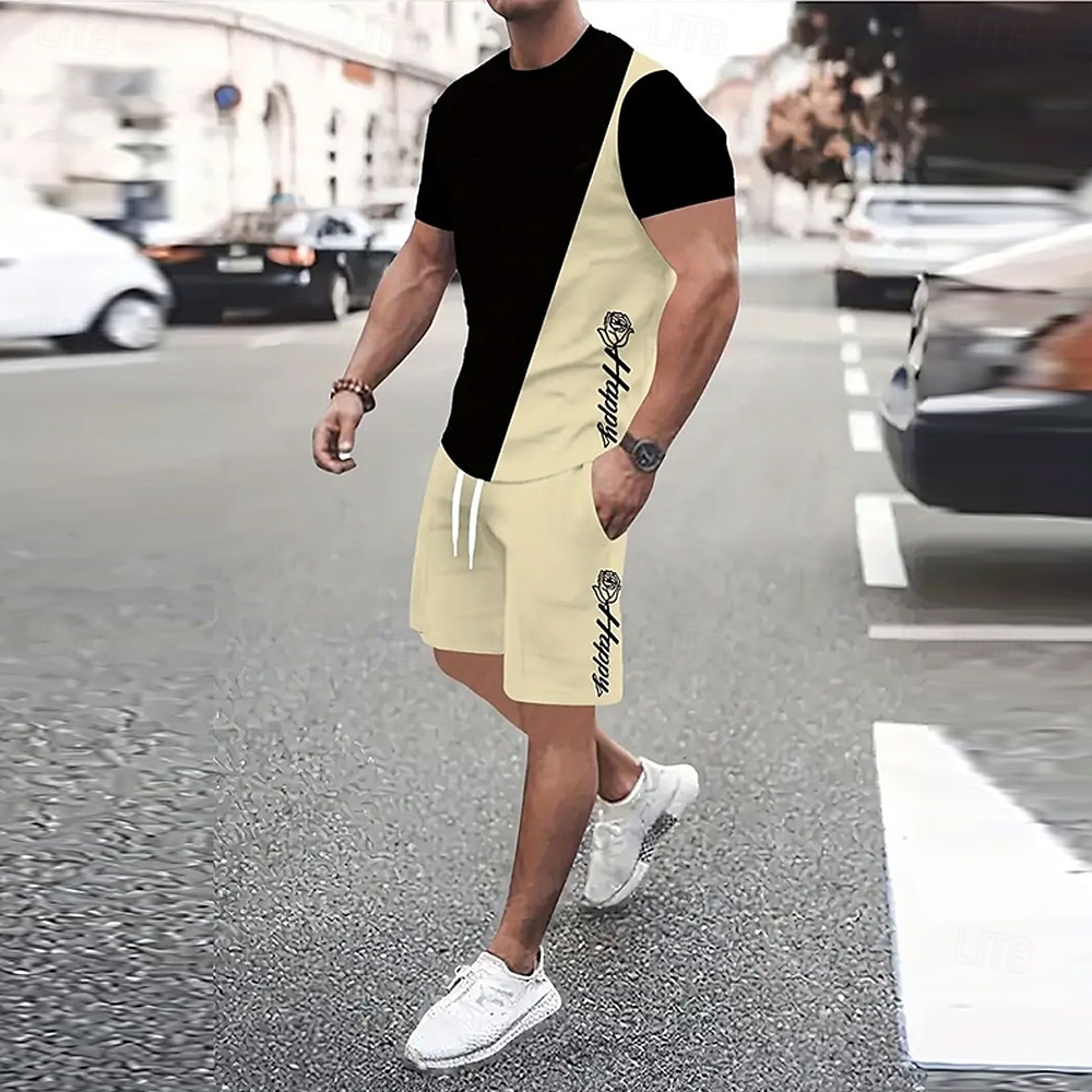 Bărbați Text / Număr Trandafir 2 buc Seturi de tricouri Set de vară Manșon scurt Pantaloni scurti Stil Nautic Sport Casual În aer liber Vacanță sportiv Imprimare 3D Vară Negru 2026 - $26.99 –P1