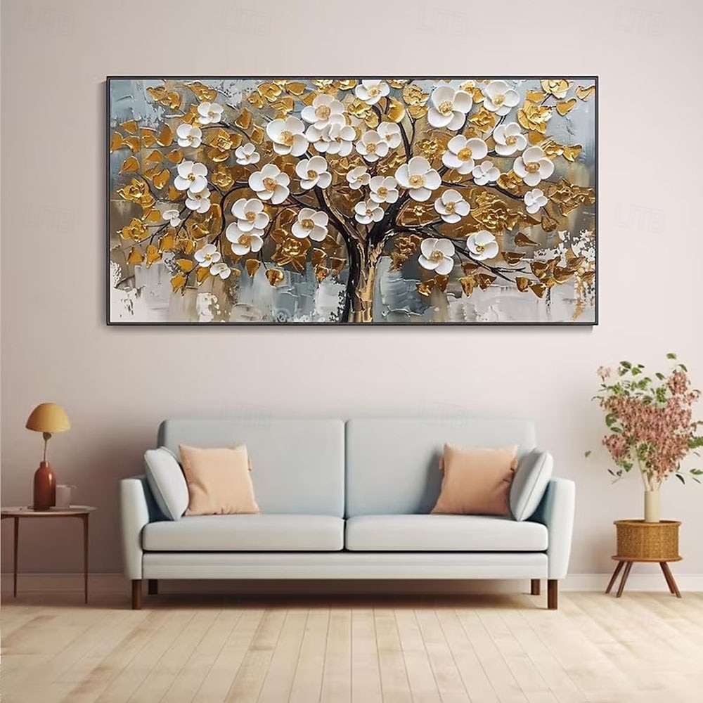 3D strukturiertes Goldölgemälde, handgemalte Wandkunst, Goldfoliengemälde, Bäume, Kunstgemälde, handgemachtes goldweißes blühendes Turmbaumgemälde auf Leinwand für Wohnzimmerkunst, Naturmalerei, 2025 - $61.99 –P5