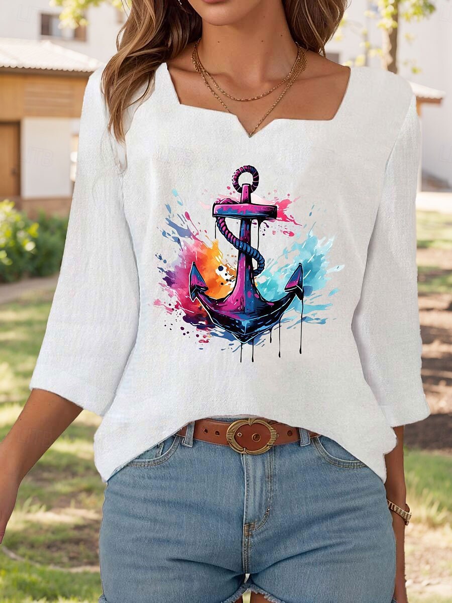 Women's Blouse Graphic Graffiti Elegant Linen Like 3/4 Length Sleeve Notched Neck Regular Tops Daily Going out Print White Summer 2025 - $23.99 –P1