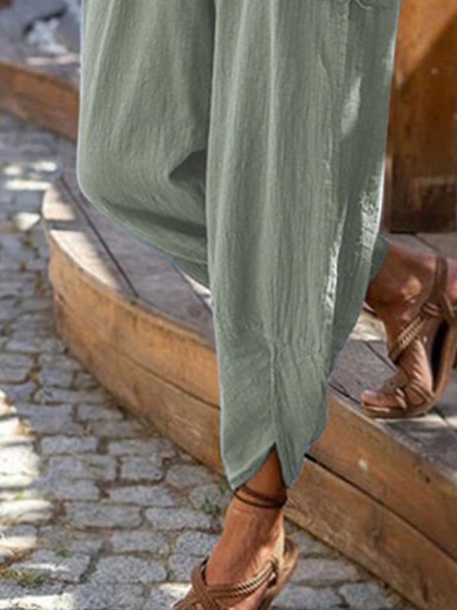 Pantaloni baggy in cotone e lino da donna chinos moda streetwear lunghezza intera vita media tasca semplice elastico comodo morbido confortevole micro-elastico all'aperto street blu uovo di merlo del 2025 a $16.99 –P2