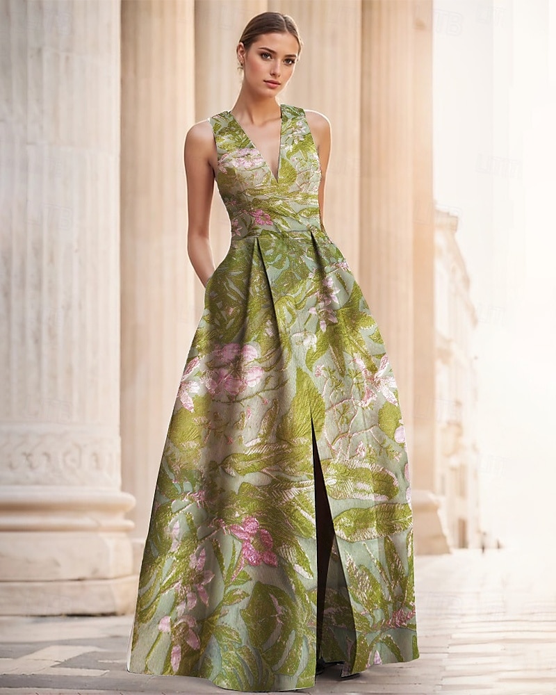 Robe de soirée A-Line en jacquard floral verte élégante Robe de mariage formelle longueur au sol sans manches en V en nylon avec poche fente Robe invitée de mariage de 2025 ? $139.99 –P1