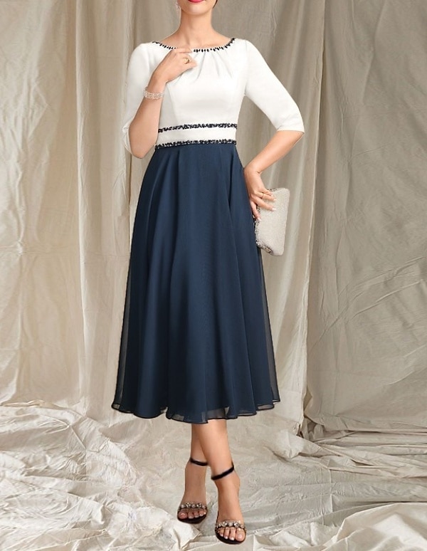 A-Linie Brautmutterkleid Hochzeitsgast Elegantes Rundhals Tee-Länge Chiffon Satin Halbarm mit Perlen Raffung Midi Kleid 2025 2025 - $145.99 –P3