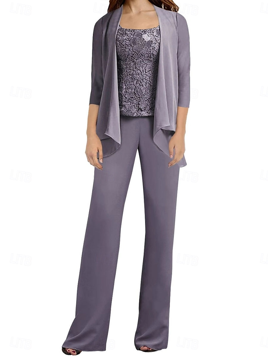 Hosenanzug Brautmutterkleid Hochzeitsgast Elegant Einfach Rundausschnitt Bodenlang Polyester Langarm mit Applikationen Einfarbig 2025 2025 - $103.99 –P5