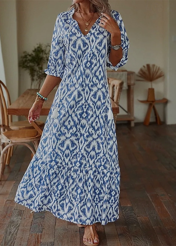 Damskie Długa sukienka sukienka maxi Sukienka Boho Sukienka z nadrukiem Sukienki Peplum Romantyczna Nowoczesny Bufka Codzienny Święto Plaża Luźna Graficzny Kwiat Rękaw 1/2 W serek Rumiany r 2025 - $24.99 –P3
